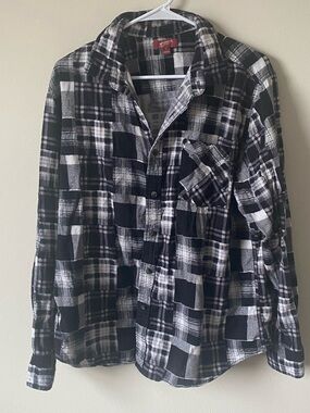Arizona Jean Company Black and White Plaid Flannel Cotton Button-Down Shirt